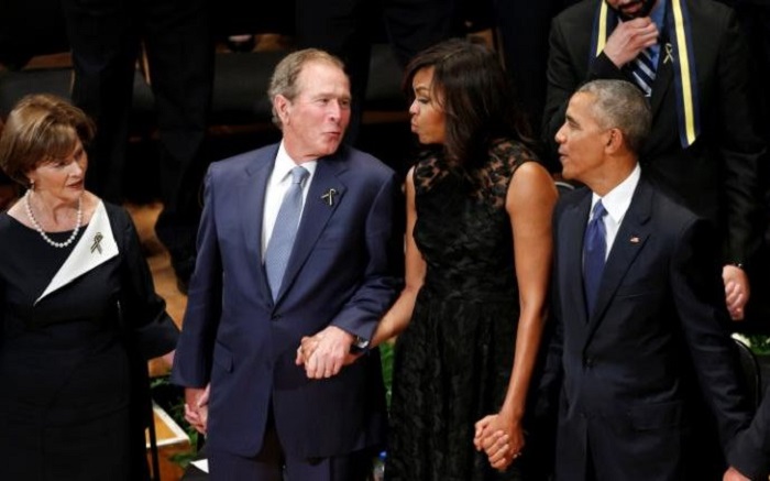 George W Bush mocked on social media for dancing during hymn at Dallas memorial - VIDEO