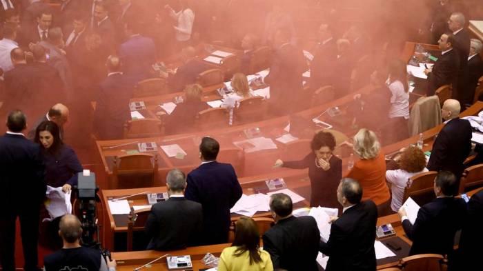 Albanie: Fumigènes jetés en pleine séance du Parlement - VIDEO