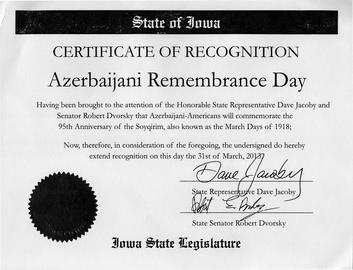 Iowa legislators recognize 31 March genocide