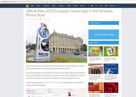 Official Baku 2015 European Games app in the Windows Phone Store