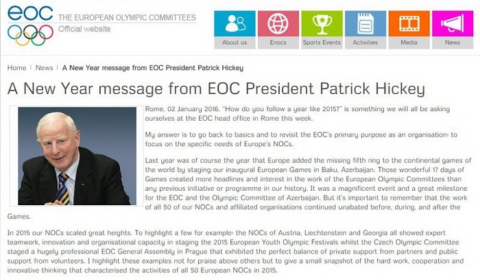 Patrick Hickey: Baku-2015 was a great milestone for EOC
