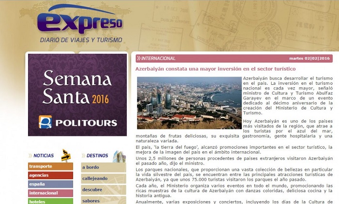 Spanish portal hails Azerbaijan`s investment in tourism industry