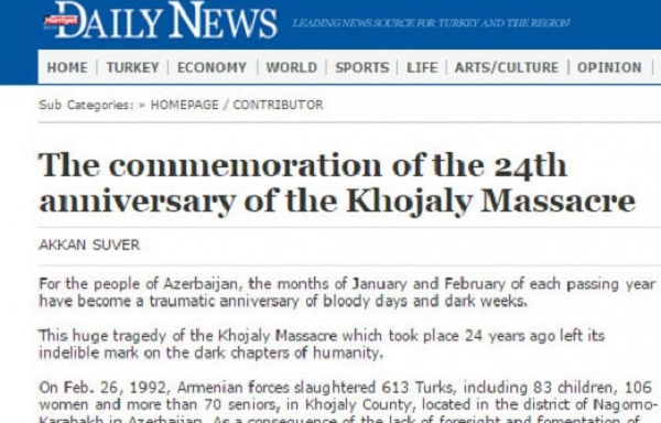 Hurriyet Daily News issues article about Khojaly Genocide
