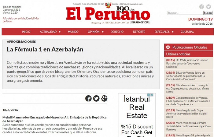 El Peruano newspaper publishes article about Formula 1 Grand Prix races