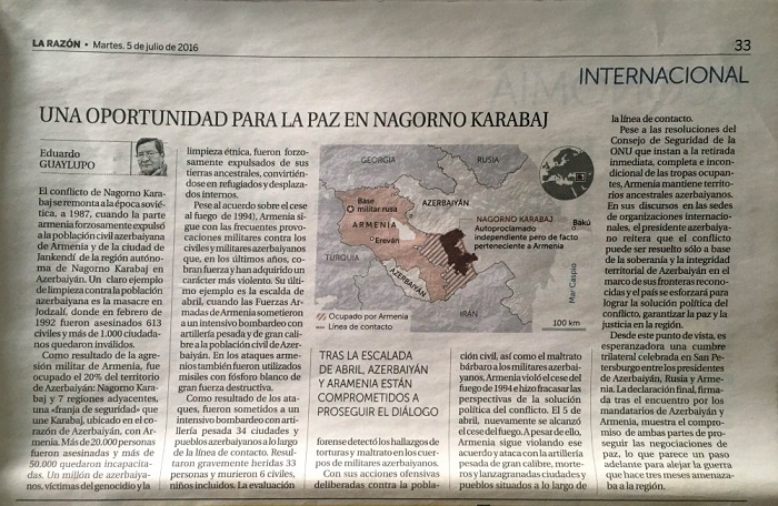 Spanische Zeitung schreibt über aggressive Politik von Armenien gegen Aserbaidschan