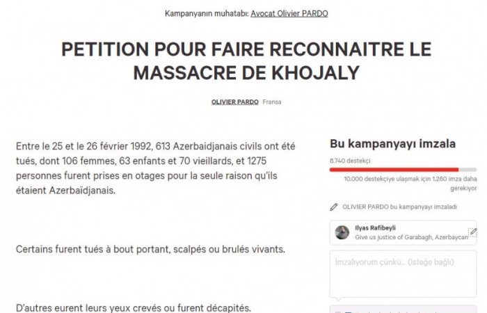 Environ 8 mille personnes ont signé la pétition visant la reconnaissance du massacre de Khodjaly en France