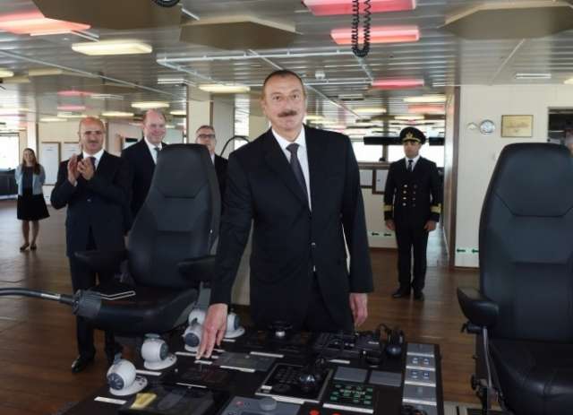 Ilham Aliyev attends launch of Khankendi subsea construction vessel