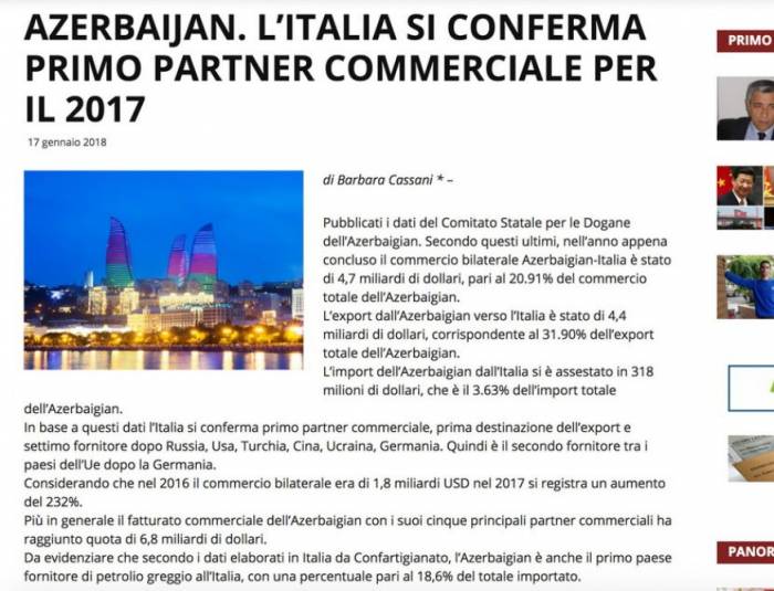 Médias italiens : l’Italie, le plus grand partenaire commercial de l’Azerbaïdjan en 2017