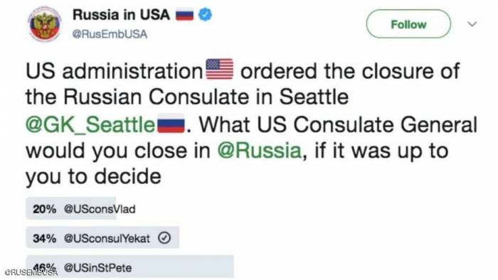 استفتاء روسي "غريب" بشأن القنصليات الأميركية