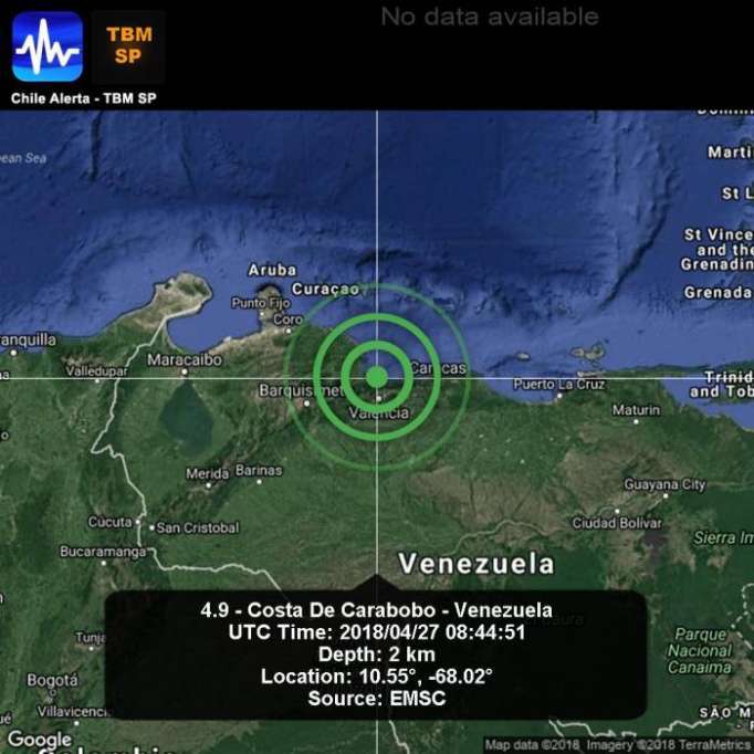 Registran un sismo de magnitud 4,7 en el norte de Venezuela
