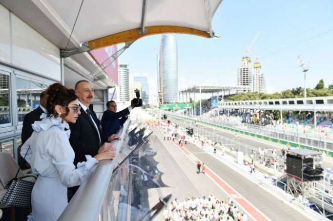 President Ilham Aliyev, First Lady Mehriban Aliyeva watching F1 Azerbaijan Grand Prix