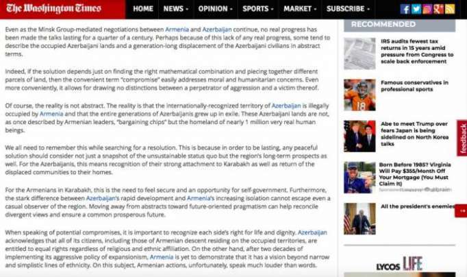 Washington Times publishes article by Azerbaijani ambassador on 25th anniversary of occupation of Kalbajar