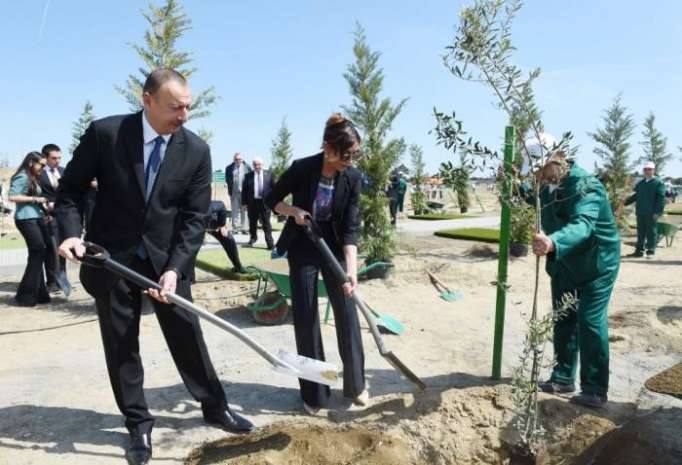Ilham Aliyev, First Lady, besuchen anlässlich des Geburtstages von Heydar Aliyev die Baumpflanzaktion