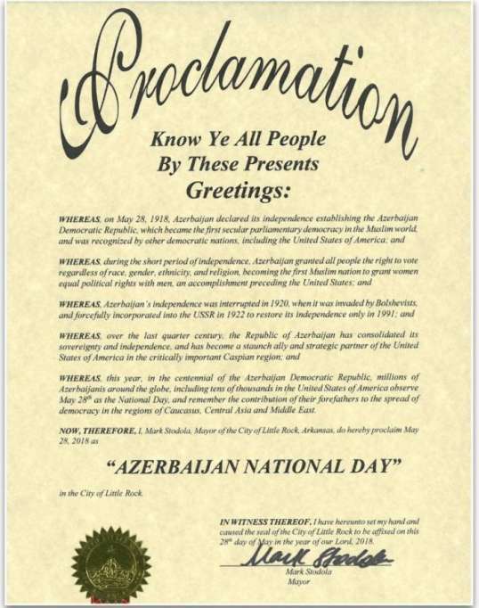 In der Hauptstadt von Arkansas wurde 28. Mai der Aserbaidschans Nationalfeiertag erklärt