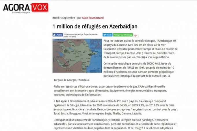 Un site français publie un article sur l’occupation des territoires azerbaïdjanais par l’Arménie