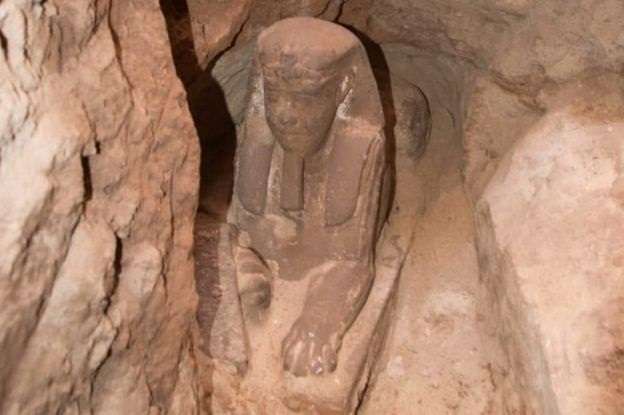 Egyptian archaeologists find ancient sphinx while draining water from pharaoh