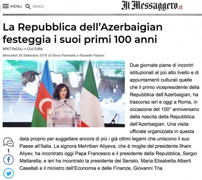 Offizielle Reise der Ersten Vizepräsidentin Aserbaidschans nach Italien im Fokus von lokalen Medien