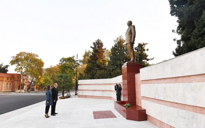 President Ilham Aliyev, First Lady Mehriban Aliyeva arrive in Gakh district for visit