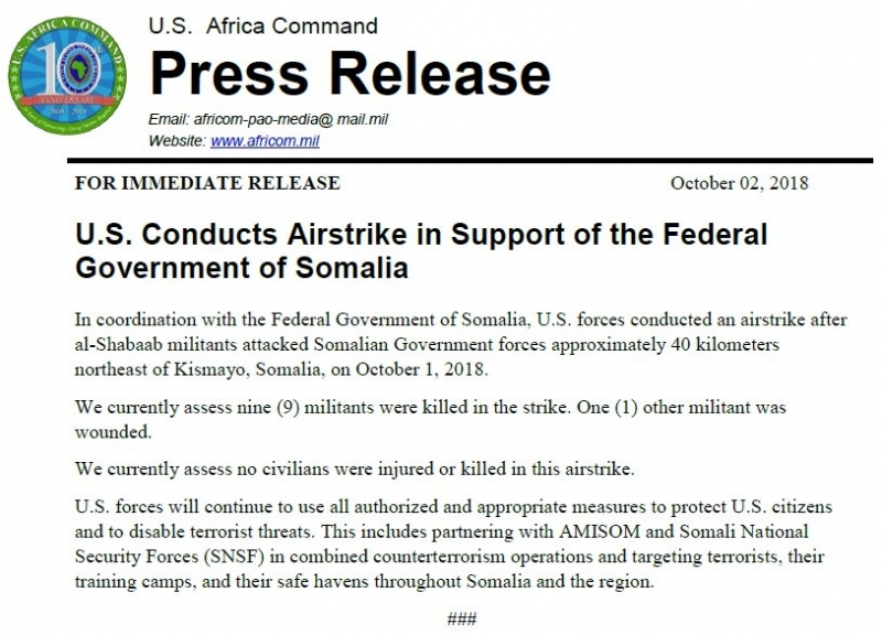 Nueve milicianos mueren en un ataque aéreo de EE.UU. en Somalia