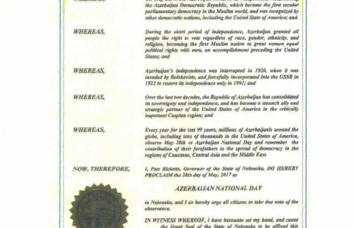 US-Bundesstaat Nebraska erklärt den 28. Mai zum „Nationaltag von Aserbaidschan“