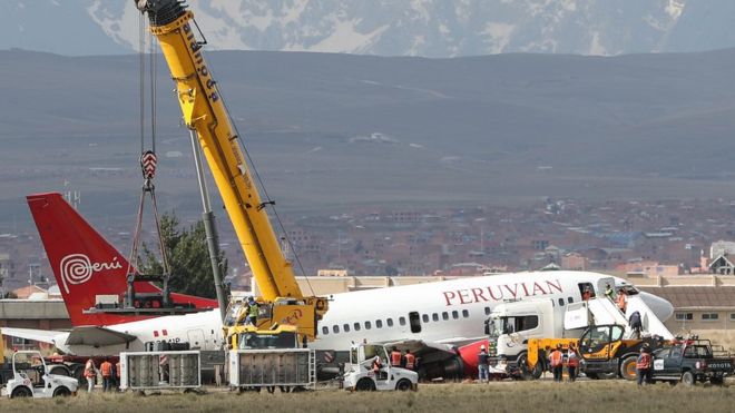 Peruvian Airlines plane skids on runway in Bolivia