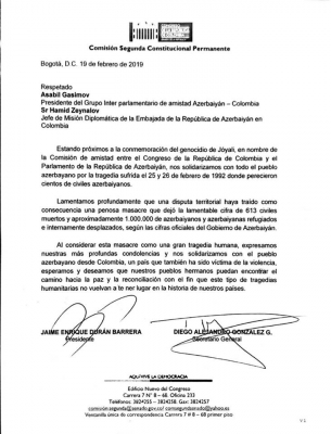  Parlamento de Colombia dirige una carta de condolencias debido al genocidio de Joyalí   