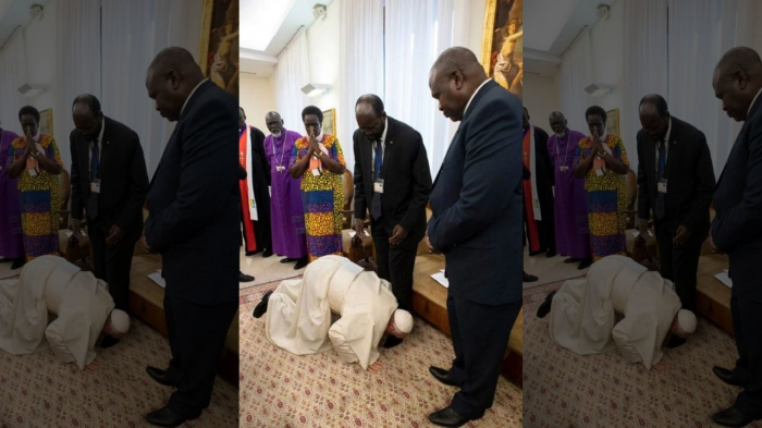 Pope Francis kisses shoes of Sudanese leaders in plea for peace-VIDEO