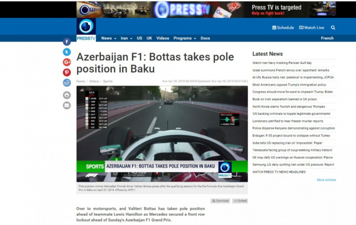   Prensa iraní emite programa de televisión sobre el Gran Premio de Fórmula 1 SOCAR Azerbaiyán  