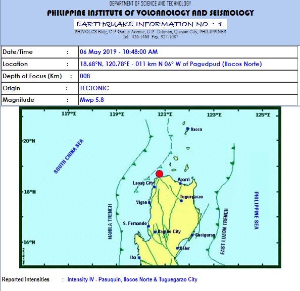   Un sismo de magnitud 5,8 sacude el noroeste de Filipinas  