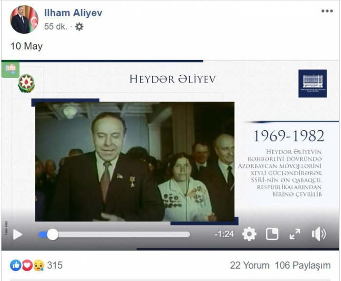  Presidente comparte un vídeo sobre Heydar Aliyev en Facebook 