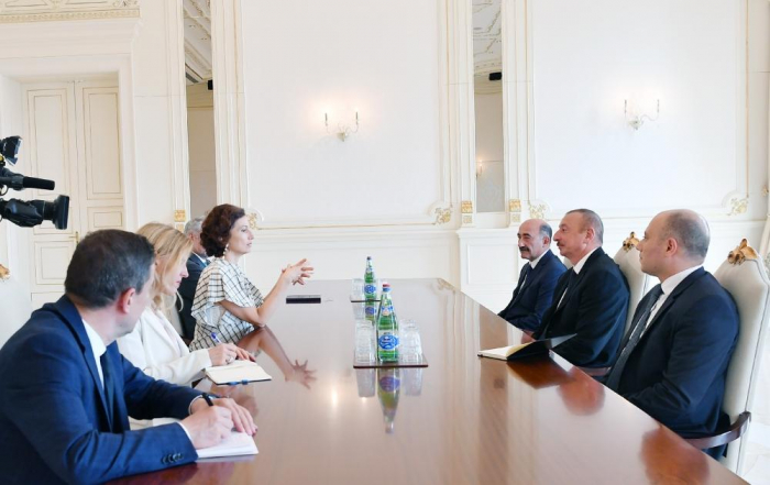  Präsident Ilham Aliyev empfängt Delegation unter der Leitung des Generaldirektors der UNESCO Audrey Azoulay 