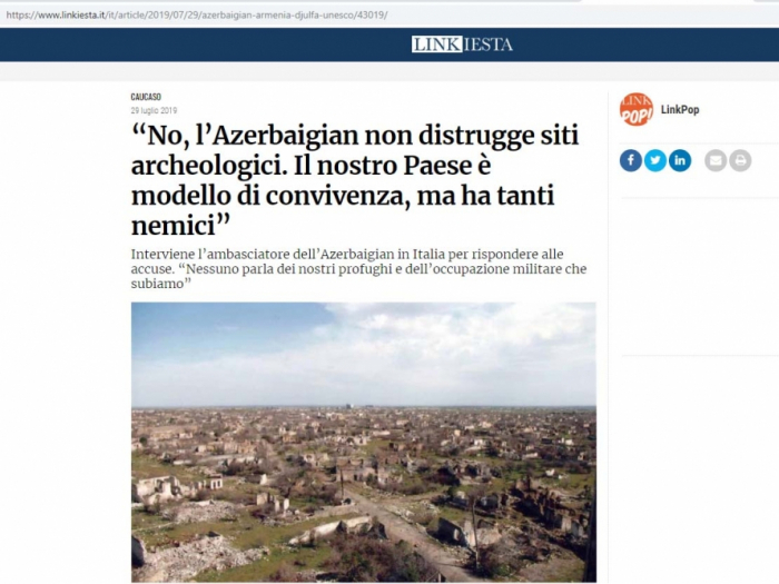  Italian newspaper publishes Azerbaijani ambassador’s response to pro-Armenian article 