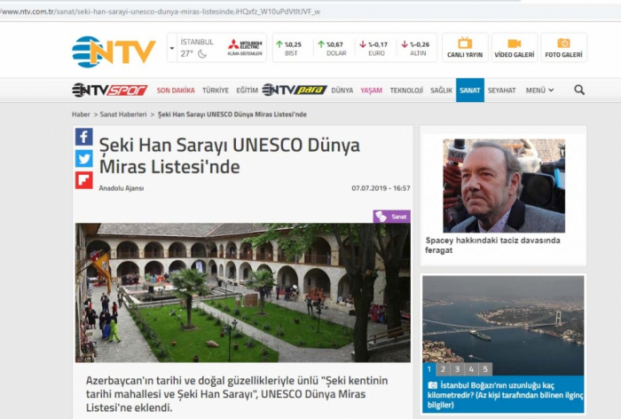   Prensa turca ha cubierto ampliamente la inclusión del centro histórico de Sheki de Azerbaiyán en la Lista del Patrimonio Mundial de la UNESCO  