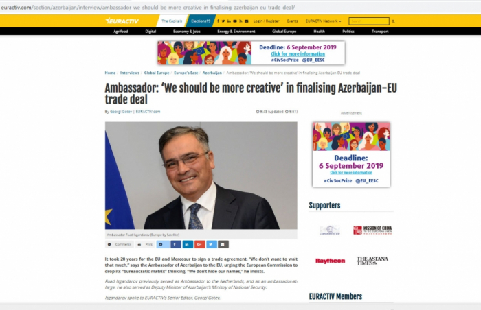     Embajador:   "Debemos ser más creativos en la conclusión del acuerdo comercial entre Azerbaiyán y la UE"   