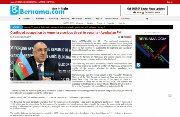   Agencia BERNAMA: Malasia apoya la integridad territorial de Azerbaiyán  