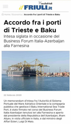   Sitios italianos escriben sobre la cooperación del Puerto de Bakú con el Puerto de Trieste  