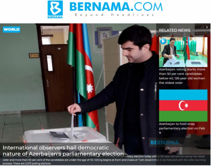     Agencia de Noticias Bernama  : Los observadores internacionales aclaman el carácter democrático de las elecciones parlamentarias de Azerbaiyán  