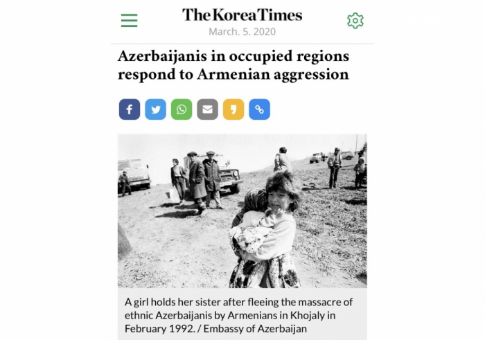   El periódico "The Korea Times" publicó una declaración de la comunidad azerbaiyana de la región de Nagorno-Karabaj  