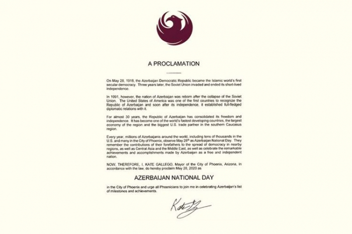   28. Mai in Arizona zum "Aserbaidschanischen Nationalfeiertag" erklärt  