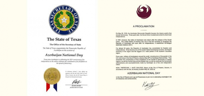  Texas and Arizona states declare May 28 "Azerbaijan National Day" 