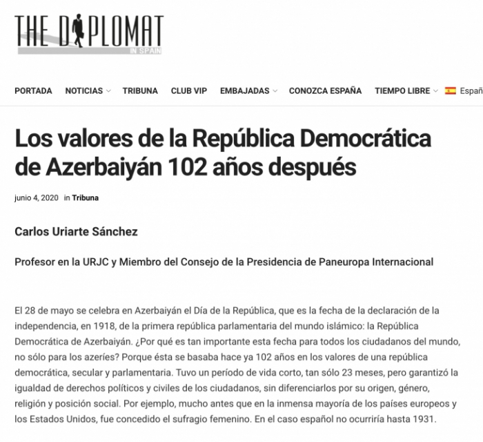  The Diplomat in Spain: The values of the Democratic Republic of Azerbaijan 102 years later 