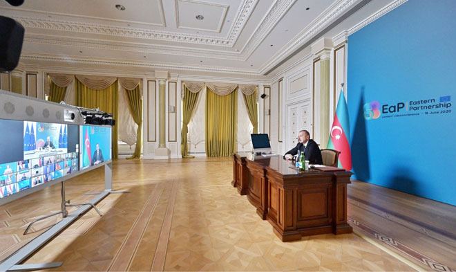  Azerbaijani president takes part in Summit of EaP countries via videoconference - PHOTOS