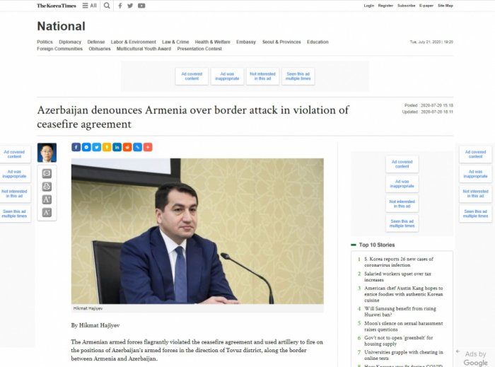   The Korea Times: Azerbaijan denounces Armenia over border attack in violation of ceasefire agreement  
