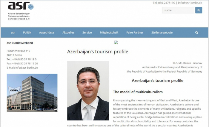   Sitio web de Alemania difundió un artículo del embajador de Azerbaiyán titulado "Perfil turístico de Azerbaiyán"  
