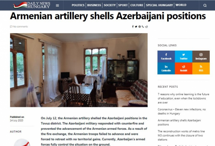   La edición húngara informó sobre la provocación de Armenia en la frontera con Azerbaiyán  