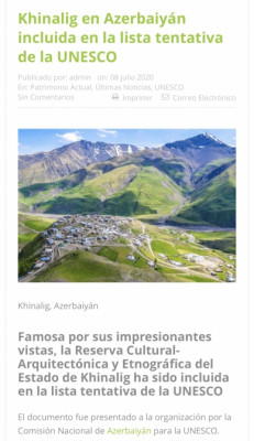   El portal de noticias español publicó un artículo sobre la inscripción de la Reserva Khinalig en la lista tentativa del Patrimonio Mundial de la UNESCO  