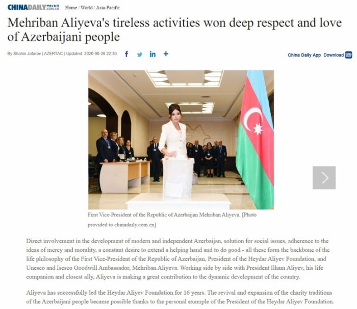   China Daily sobre la incesante actividad de Mehriban Aliyeva  