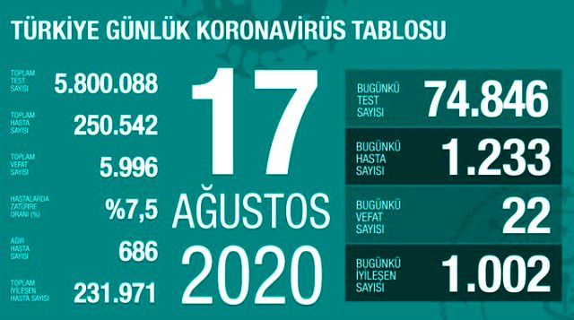    Türkiyədə koronavirusa yoluxma sayı 250 mini keçdi   