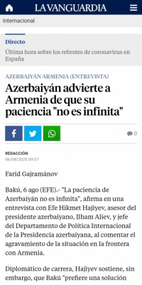   Lavanguardia  : "Azerbaiyán advierte a Armenia de que su paciencia no es infinita"