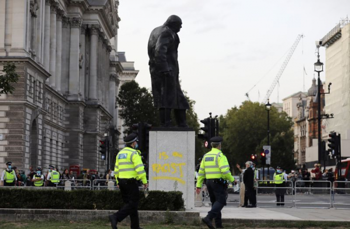 London statue of Churchill defaced again